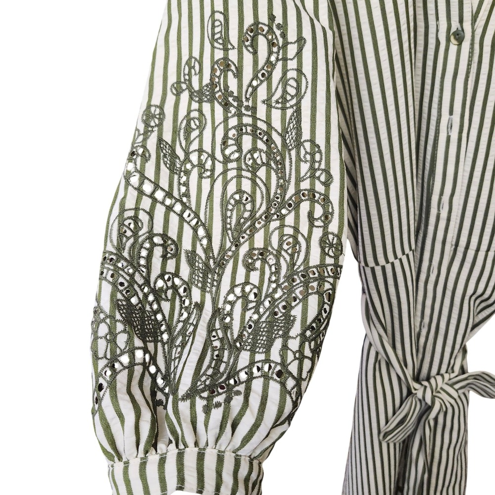 Figueroa & Flower Peasant M Cottagecore green stripe embroidered sleeves dress - Picture 10 of 10